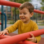 Niño sonriente jugando en una estructura de juegos de un parque infantil.