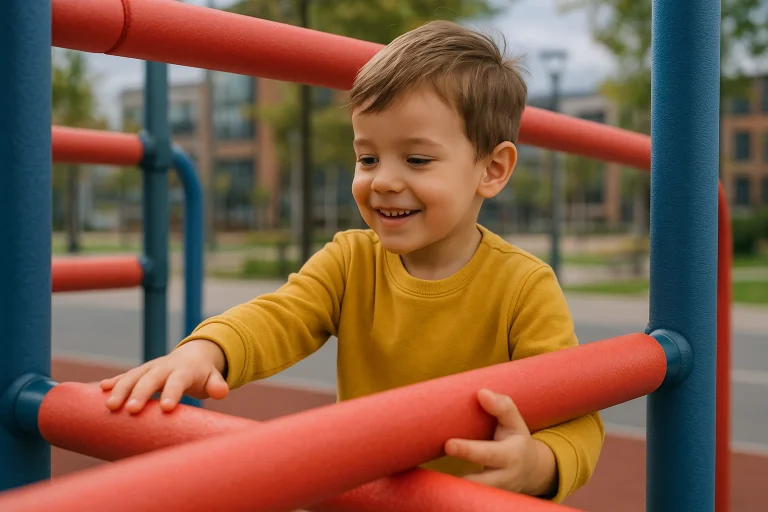Niño sonriente jugando en una estructura de juegos de un parque infantil.