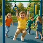 Niño sonriente jugando en una estructura de juegos de un parque infantil.