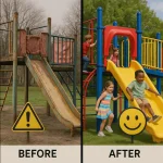Comparación entre parque infantil con protecciones seguras para los niños.
