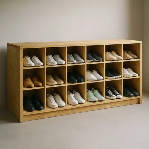 Zapatero de madera para guardar zapatos en parque infantil.